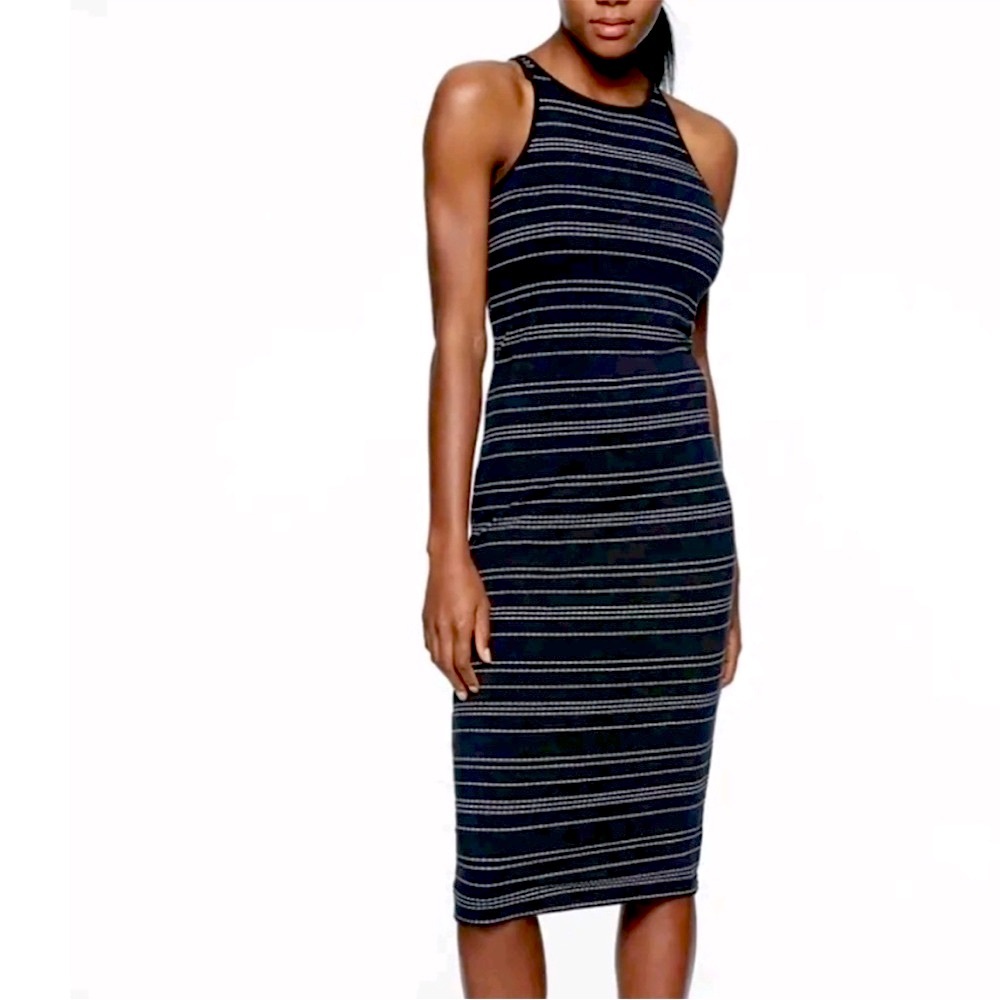 Athleta Medium Sunkissed Midi Dress Black with White Stripes